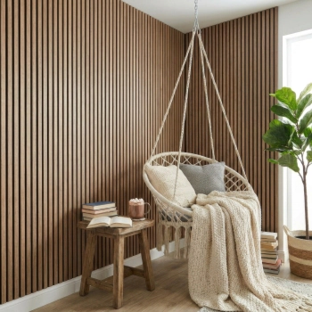 Cosy bedroom reading nook panelled in smoked oak acoustic panels