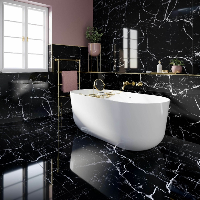 Black Marble Tile Floor Venetian Black, White & Grey Veined Marble